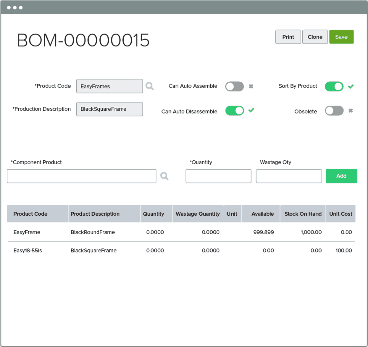 Bill of materials software screenshot