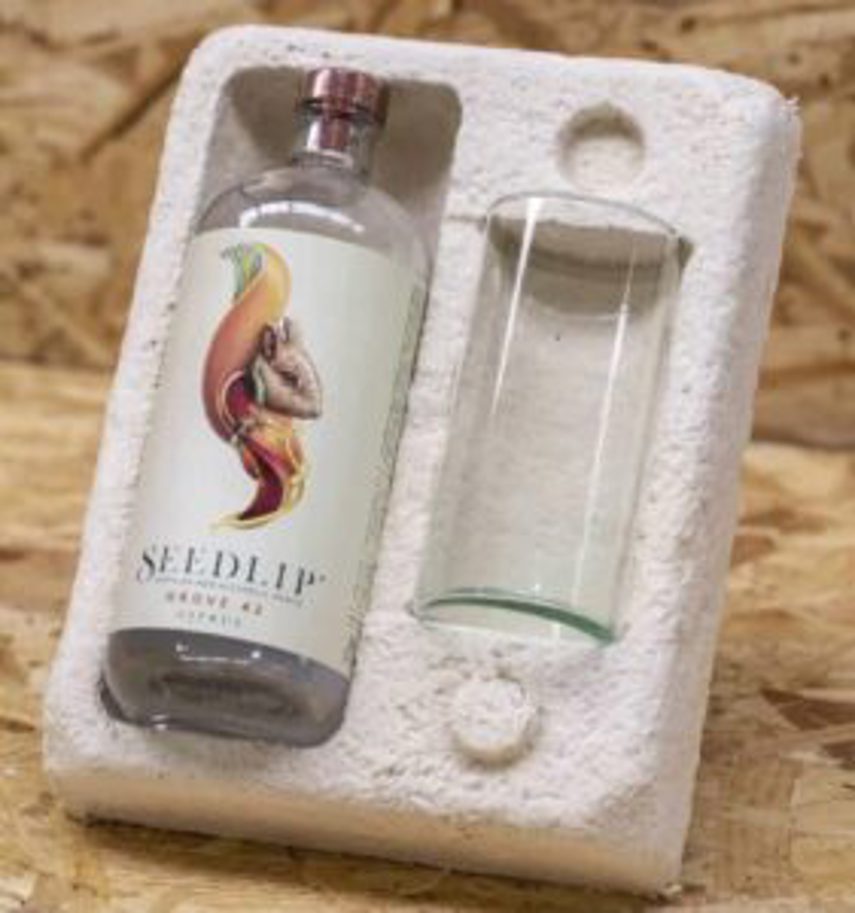 A bottle of Seedlip packaged in the Magical Mushroom Company's mushroom-derived packaging