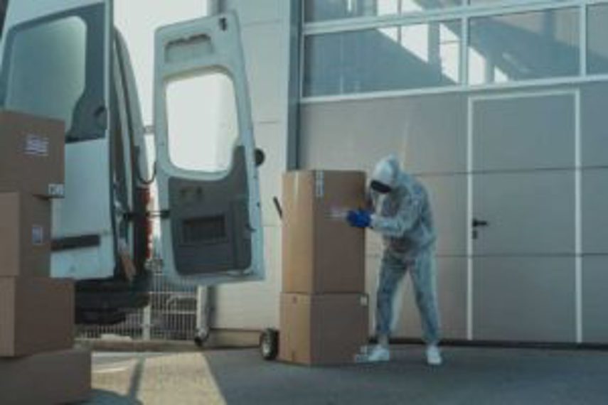 A person moves large boxes of inventory from a van