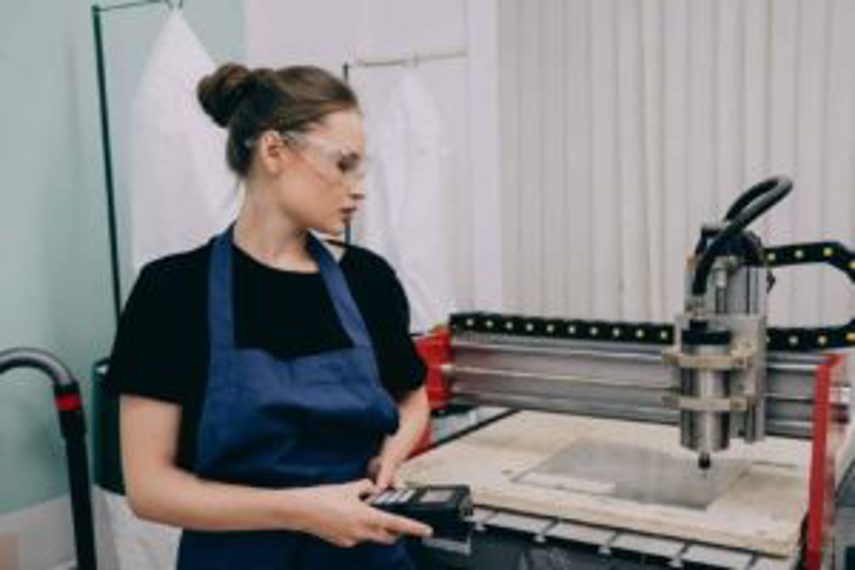 A woman oversees a machine producing metal objects