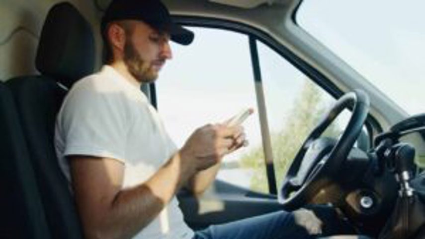 A man on his cellphone sitting in a van