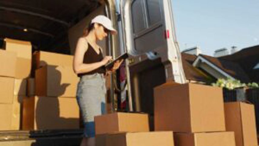 A woman sorts boxes from a van